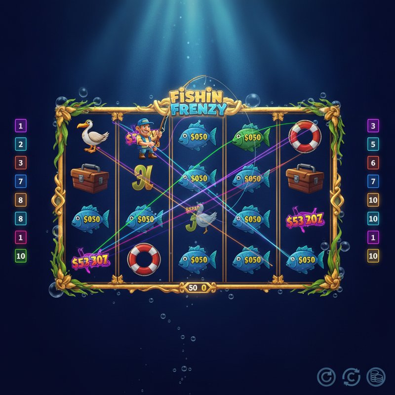 Fishin Frenzy free spins round with fisherman wild catching fish prize values on the reels
