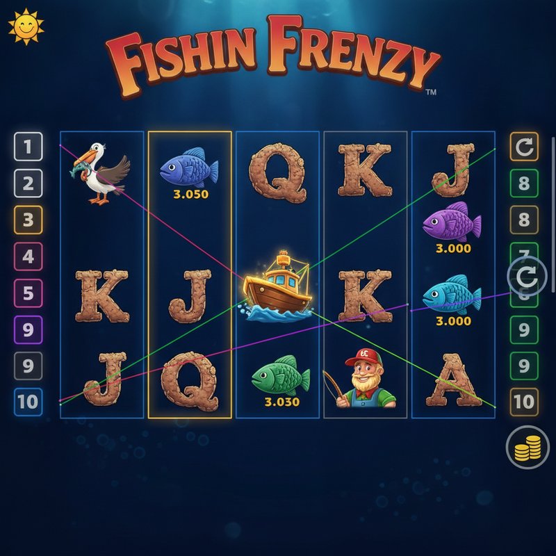 Fishin Frenzy base game gameplay showing coloured paylines across the five-reel grid