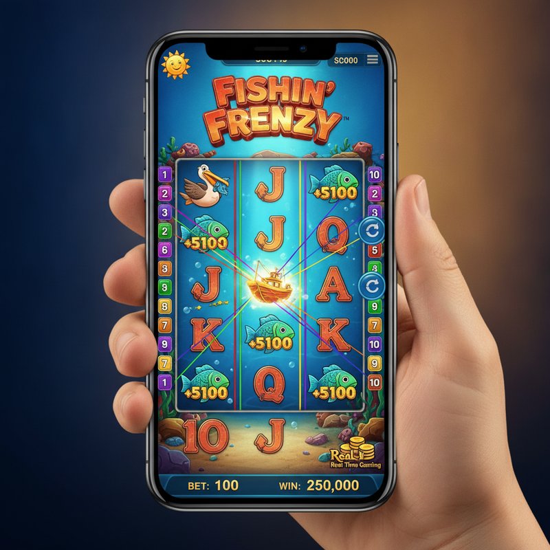 Fishin Frenzy slot running on a mobile device with Real Time Gaming provider logo