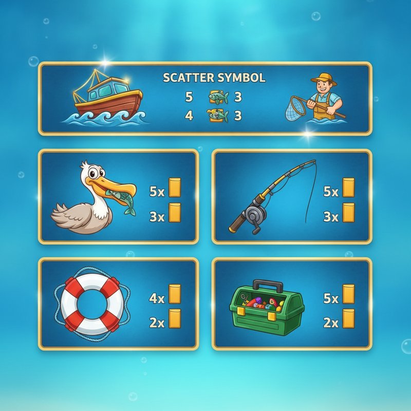 Fishin Frenzy paytable showing pelican, fishing rod, life preserver, and tackle box symbol payouts